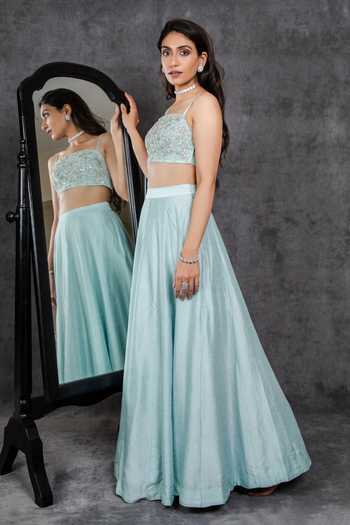 Sunita Bhandari_Blue Silk Sequins, Cut Work Square Neck Embroidered Blouse And Lehenga Set _Online_at_Aza_Fashions