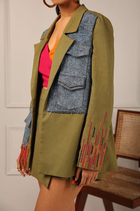 Shop_Style Junkiie_Green Linen Embroidery, Patchwork Collared Contrast Jacket _Online_at_Aza_Fashions