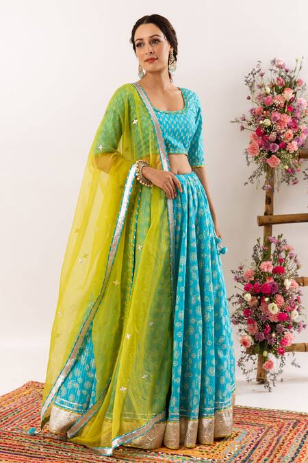 Buy_Rivaaj Clothing_Blue Floret Print And Lurex Striped Lehenga Set _Online_at_Aza_Fashions