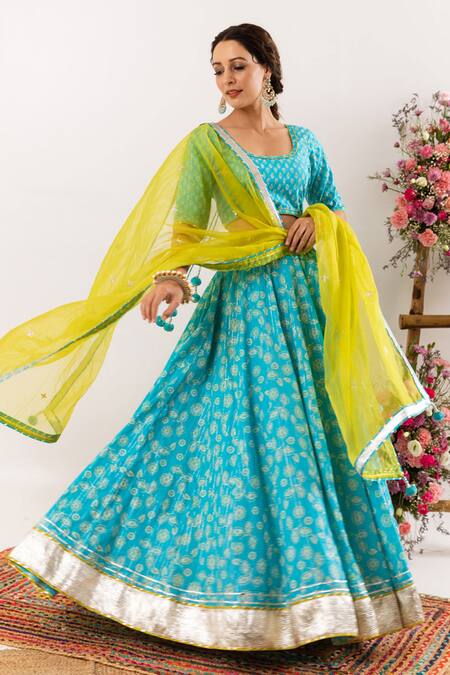 Shop_Rivaaj Clothing_Blue Floret Print And Lurex Striped Lehenga Set _Online_at_Aza_Fashions