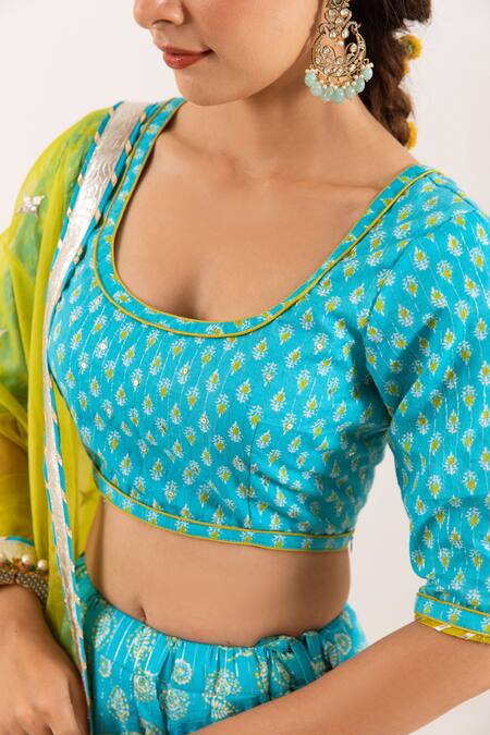 Rivaaj Clothing_Blue Floret Print And Lurex Striped Lehenga Set _at_Aza_Fashions