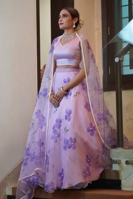 Meghstudio_Purple Organza Pearls, Embroidery V-neck Hand Painted And Lehenga Set _Online_at_Aza_Fashions