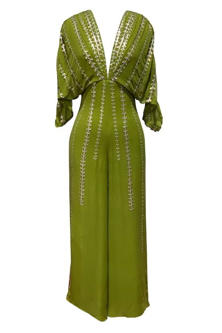 Amrta By Guneet Kondal_Green Viscose Sequins, Beads V-neck Embroidered Jumpsuit _Online_at_Aza_Fashions