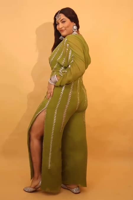 Shop_Amrta By Guneet Kondal_Green Viscose Sequins, Beads V-neck Embroidered Jumpsuit _Online_at_Aza_Fashions