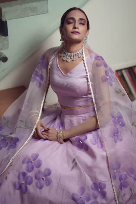 Shop_Meghstudio_Purple Organza Pearls, Embroidery V-neck Hand Painted And Lehenga Set _Online_at_Aza_Fashions