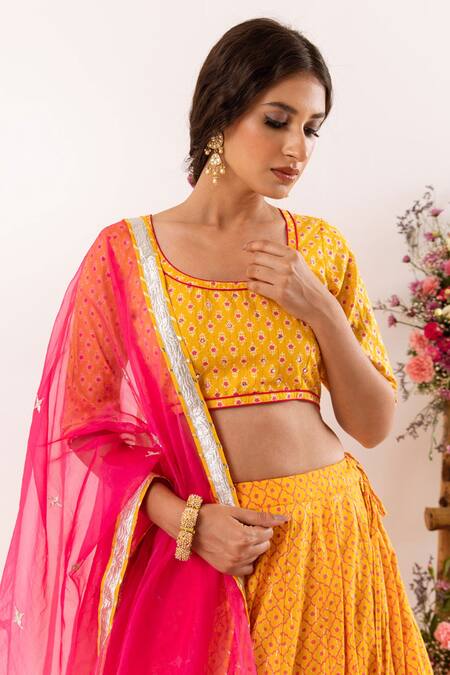 Shop_Rivaaj Clothing_Yellow Floret Pattern And Lurex Striped Lehenga Set _Online_at_Aza_Fashions