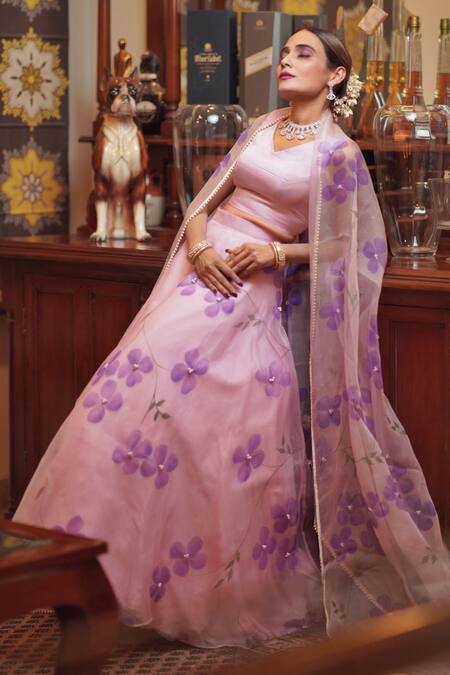 Meghstudio_Purple Organza Pearls, Embroidery V-neck Hand Painted And Lehenga Set _at_Aza_Fashions