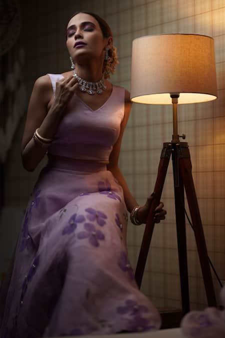 Buy_Meghstudio_Purple Organza Pearls, Embroidery V-neck Hand Painted And Lehenga Set 