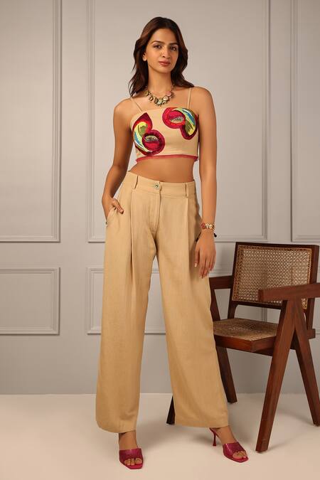 Style Junkiie_Beige Linen Plain Straight Trousers _Online_at_Aza_Fashions