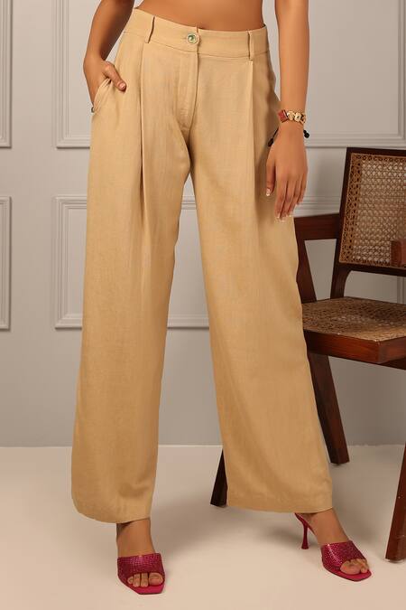 Buy_Style Junkiie_Beige Linen Plain Straight Trousers _Online_at_Aza_Fashions