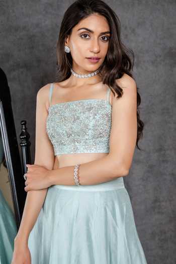 Buy_Sunita Bhandari_Blue Silk Sequins, Cut Work Square Neck Embroidered Blouse And Lehenga Set _Online_at_Aza_Fashions