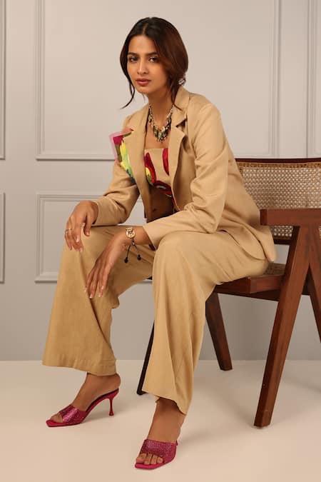 Style Junkiie_Beige Linen Embroidery Collared Ikat Pattern Blazer _Online_at_Aza_Fashions