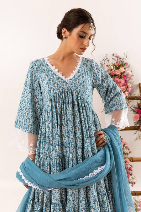 Rivaaj Clothing_Blue Botanic Print V Neck Anarkali Palazzo Set _at_Aza_Fashions