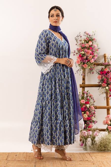 Rivaaj Clothing_Blue Botanic Print Anarkali Palazzo Set _at_Aza_Fashions