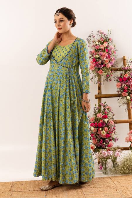 Shop_Rivaaj Clothing_Green Cotton Botanic Print Angrakha With Inner _Online_at_Aza_Fashions