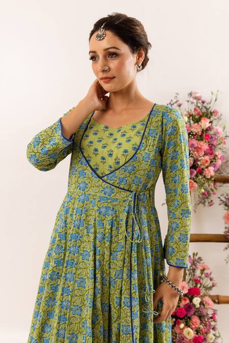 Rivaaj Clothing_Green Cotton Botanic Print Angrakha With Inner _at_Aza_Fashions