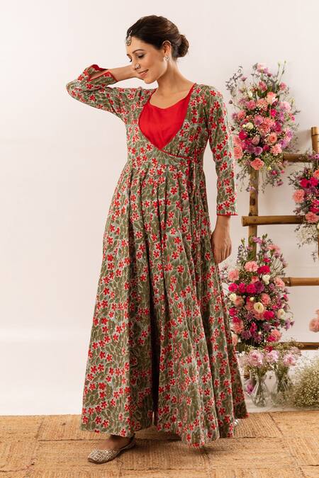Shop_Rivaaj Clothing_Multi Color Botanic Print Angrakha With Inner _Online_at_Aza_Fashions