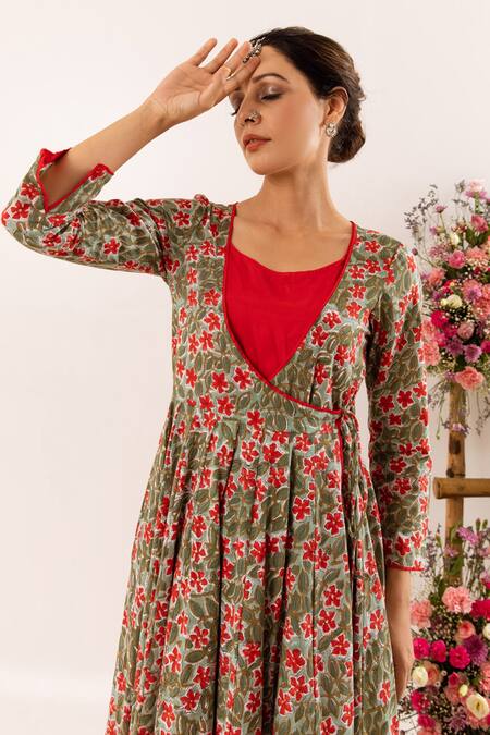 Rivaaj Clothing_Multi Color Botanic Print Angrakha With Inner _at_Aza_Fashions