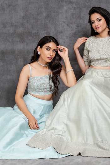Shop_Sunita Bhandari_Blue Silk Sequins, Cut Work Square Neck Embroidered Blouse And Lehenga Set _Online_at_Aza_Fashions