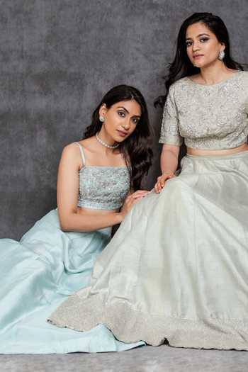 Sunita Bhandari_Blue Silk Sequins, Cut Work Square Neck Embroidered Blouse And Lehenga Set _at_Aza_Fashions