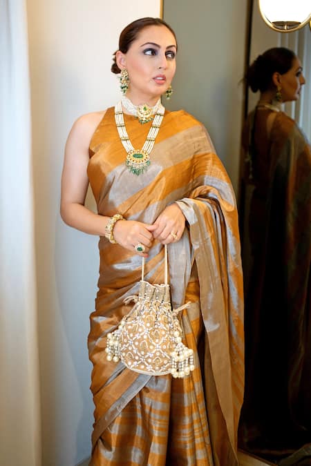 Sheela Suthar_Gold Handloom Cotton Surekha Stripe Woven Saree With Running Blouse_Online_at_Aza_Fashions