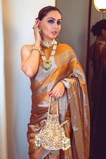 Shop_Sheela Suthar_Gold Handloom Cotton Surekha Stripe Woven Saree With Running Blouse_Online_at_Aza_Fashions