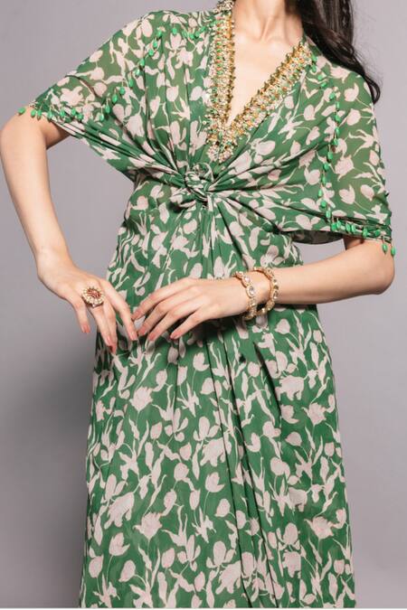 Ria Shah Label_Green Polyester Embroidery V-neck Floral Print Knotted Kaftan And Sharara Set _Online_at_Aza_Fashions
