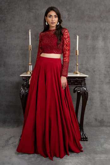 Sunita Bhandari Red Viscose, Crepe, Net Embroidery, Sequins Round Cutdana Blouse And Lehenga Set Online at Aza Fashions Sunita Bhandari_Red Viscose, Crepe, Net Embroidery, Sequins Round Cutdana Blouse And Lehenga Set _Online_at_Aza_Fashions
