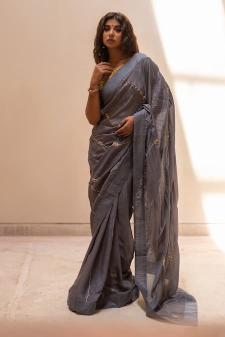 Shop The Home Affair Gray , Satin Embroidery, Gota Patti Floral Vine Saree And Blouse Set Online at Aza Fashions Shop_The Home Affair_Gray , Satin Embroidery, Gota Patti Floral Vine Saree And Blouse Set _Online_at_Aza_Fashions