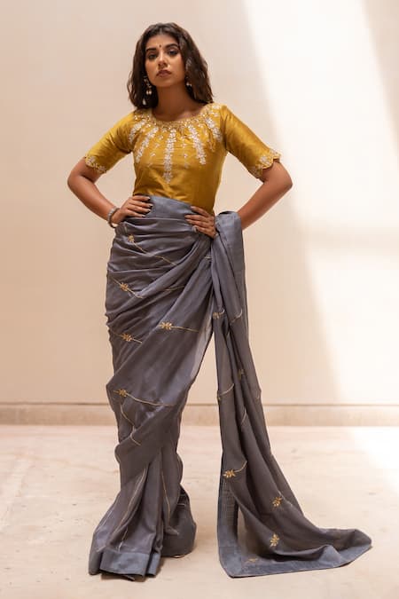 The Home Affair Gray , Satin Embroidery, Gota Patti Floral Vine Saree And Blouse Set at Aza Fashions The Home Affair_Gray , Satin Embroidery, Gota Patti Floral Vine Saree And Blouse Set _at_Aza_Fashions