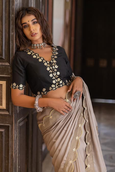 Buy_The Home Affair_Beige Chiffon, Cotton, Silk Gota Patti Scalloped Border Saree With Blouse _Online_at_Aza_Fashions