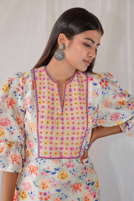 Shachi Sood_Off White Dupion Silk, Butter Crepe Floral Hand Embroidered Kurta With Pant  _Online_at_Aza_Fashions