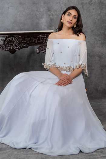 Sunita Bhandari_Blue Viscose, Georgette Cut Work Off-shoulder Embroidered Off Gown _Online_at_Aza_Fashions