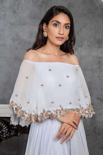 Buy_Sunita Bhandari_Blue Viscose, Georgette Cut Work Off-shoulder Embroidered Off Gown _Online_at_Aza_Fashions