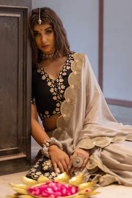 The Home Affair_Beige Chiffon, Cotton, Silk Gota Patti Scalloped Border Saree With Blouse _at_Aza_Fashions