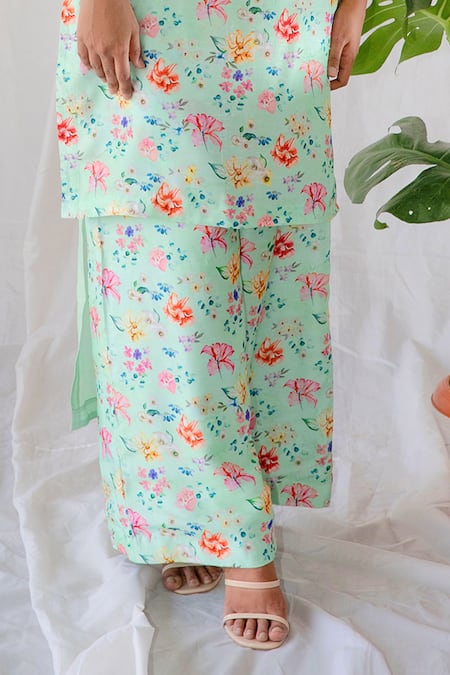 Buy_Shachi Sood_Green Dupion Silk, Butter Crepe Floral Printed High Low Kurta With Palazzo Pant _Online_at_Aza_Fashions