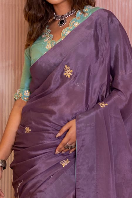 Shop The Home Affair Purple Chiffon, , Satin Two-tone Gota Patti Saree With Blouse Online at Aza Fashions Shop_The Home Affair_Purple Chiffon, , Satin Two-tone Gota Patti Saree With Blouse _Online_at_Aza_Fashions