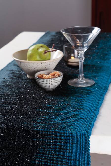 The Kargha Story_Black Acrylic Wool And Fancy Yarn Woven Ocean Stone Abstract Table Runner_Online_at_Aza_Fashions