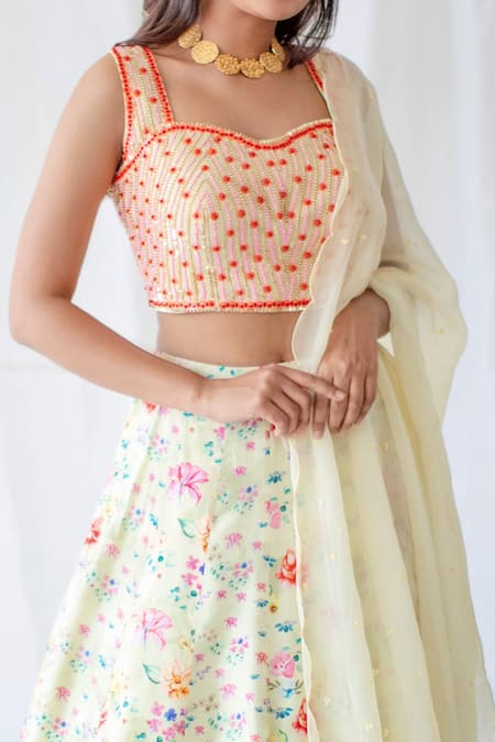 Shachi Sood_Yellow Organza, Dupion Silk, Butter Crepe Floral Printed Pattern Lehenga Set _Online_at_Aza_Fashions