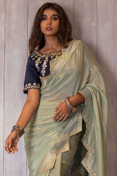 Buy The Home Affair Green Chiffon, , Satin Zig-zag Border Saree With Embellished Blouse Online at Aza Fashions Buy_The Home Affair_Green Chiffon, , Satin Zig-zag Border Saree With Embellished Blouse _Online_at_Aza_Fashions