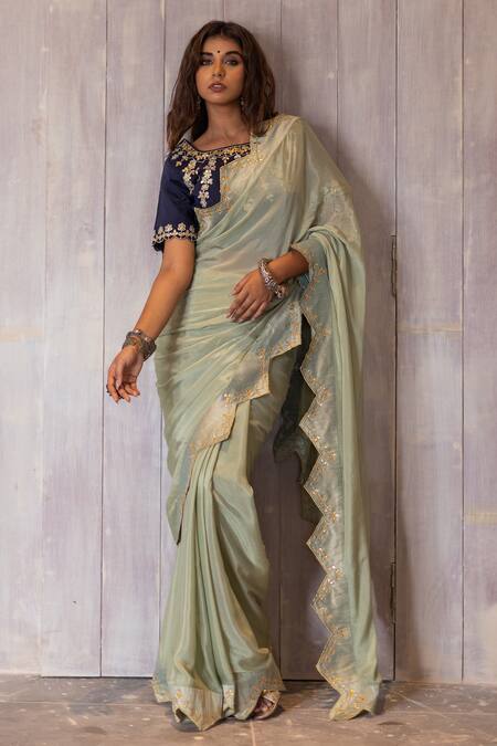 Shop The Home Affair Green Chiffon, , Satin Zig-zag Border Saree With Embellished Blouse Online at Aza Fashions Shop_The Home Affair_Green Chiffon, , Satin Zig-zag Border Saree With Embellished Blouse _Online_at_Aza_Fashions
