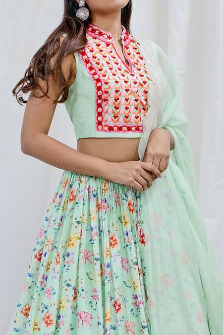 Shachi Sood_Green Organza, Dupion Silk, Butter Crepe Floral Mandarin Pattern Lehenga Set _Online_at_Aza_Fashions