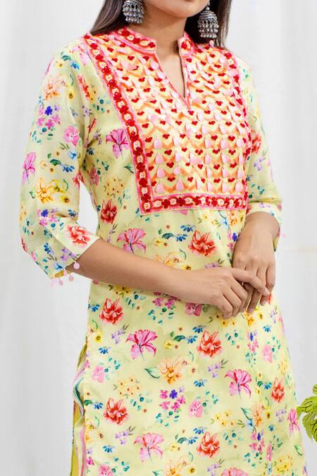 Shachi Sood_Yellow Dupion Silk, Butter Crepe Resham Hand Embroidered Kurta With Pant  _Online_at_Aza_Fashions