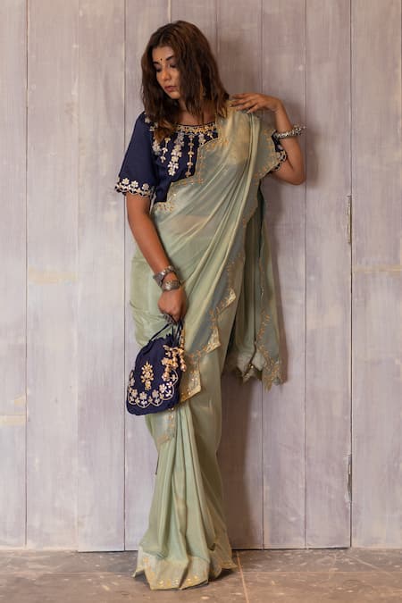 The Home Affair Zig-Zag Border Saree With Embellished Blouse 