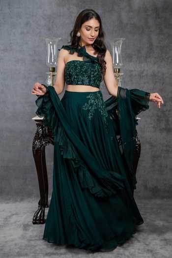 Sunita Bhandari_Green Viscose, Organza Embroidery, Cut Work One Shoulder Blouse Lehenga Set _Online_at_Aza_Fashions