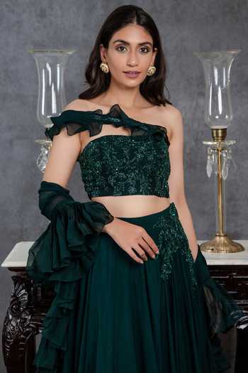 Buy_Sunita Bhandari_Green Viscose, Organza Embroidery, Cut Work One Shoulder Blouse Lehenga Set _Online_at_Aza_Fashions