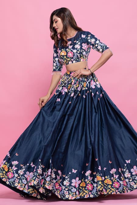 Label Priyanka Kar_Blue Satin, Embroidery, Tassels Floret Print Flared Lehenga Set _Online_at_Aza_Fashions