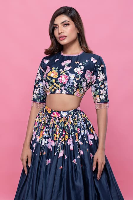 Buy_Label Priyanka Kar_Blue Satin, Embroidery, Tassels Floret Print Flared Lehenga Set _Online_at_Aza_Fashions