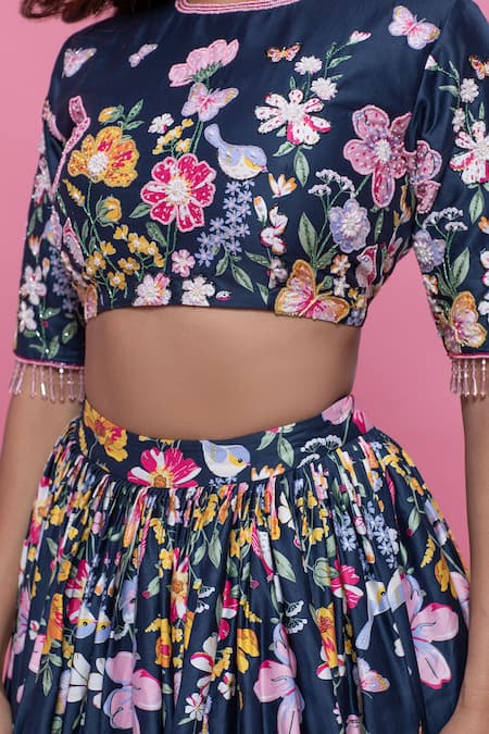 Shop_Label Priyanka Kar_Blue Satin, Embroidery, Tassels Floret Print Flared Lehenga Set _Online_at_Aza_Fashions