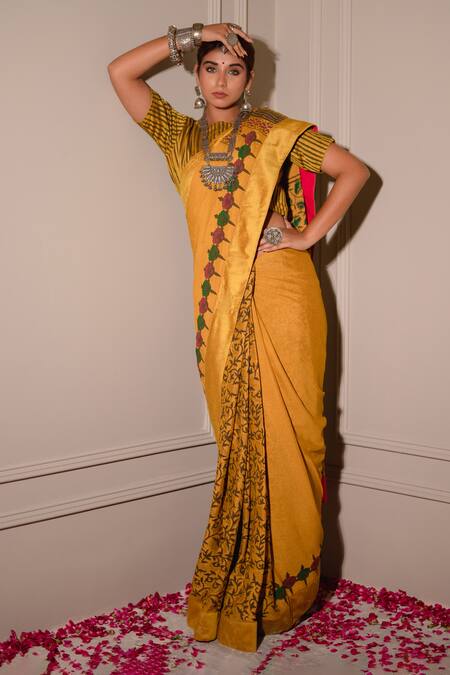 The Home Affair_Yellow Cotton Satin Embroidery Boat Neck Floral Handblock Saree Set With Blouse _Online_at_Aza_Fashions